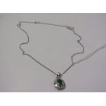 18ct WHITE GOLD EMERALD & DIAMOND DROP PENDANT ON FINE 18ct WHITE GOLD CURB NECKLACE, principal