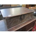 ANTIQUE BIBLE BOX, with carved front panel & iron strap lock, 24"