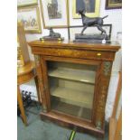 VICTORIAN MARQUETRY SIDE CABINET, glazed door pedestal cabinet with floral marquetry panels and gilt