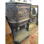 FLEMISH CARVED CABINET, quality carved oak narrow cabinet with Medieval style carved panels and