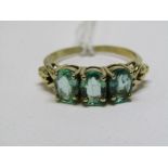 9ct YELLOW GOLD 3 STONE RING, possible apatite, size S