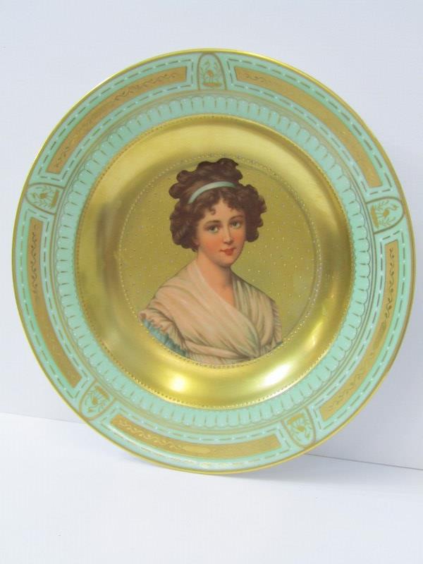 VIENNA CABINET PLATE, gilt and green surround portrait plate depicting Madam Le Brun, 9.75" dia