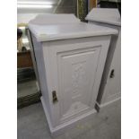 EDWARDIAN POT CUPBOARD, painted pedestal bedside cabinet with floral carved panel door, 15.5" width