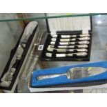 A BOXED SET OF TEA KNIVES, with silver handles, Victorian 2 piece carving set together with 2 cake