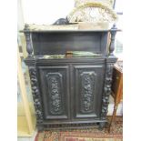 FLEMISH CABINET, carved oak twin cupboard base open shelf narrow cabinet, floral and fruit carved