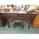 CHINESE ALTAR SIDE TABLE, twin freize drawer with carved and pierced decoration with brass drop