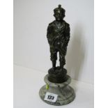 BRONZE FIGURE, of a Boy with his hands in his pockets, on a turned circular marble base, 9.5" high