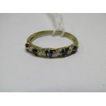 9ct YELLOW GOLD SAPPHIRE & DIAMOND KISS DESIGN HALF ETERNITY STYLE RING, 5 principal sapphires of