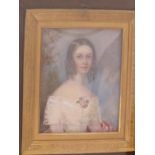 EARLY 19TH CENTURY PORTRAIT MINIATURE on ivory, "Young Lady with rose and lace shawl"