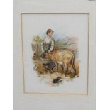 BIRKET FOSTER, chromolithograph, "Girl feeding calf"4" x 3"