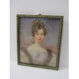 19th CENTURY PORTRAIT MINIATURE, rectangular ivory panel with portrait of Young Lady with fur