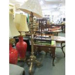 LIGHTING, gilt wood trefoil scroll base standard lamp and shade in continental style