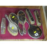 DRESSING TABLE SET, a 5 piece silver & mock tortoise shell dressing table mirror & brush set, also a