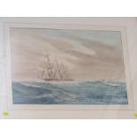 RIX CARLTON, signed watercolour "Triple Masted Schooner in heavy Seas", 13" x 19"