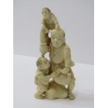 ANTIQUE IVORY CARVED GROUP, signed base figure of Peasant with two climbing Children, 4.5" height