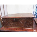 ANTIQUE BIBLE BOX, oak bible box with carved foliate front, 28"