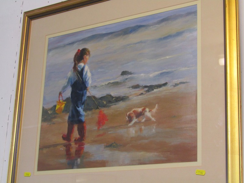 RUSSELL POND, signed oil "Young Girl with Dog walking along the Beach", 15.5" x 19"