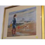 RUSSELL POND, signed oil "Young Girl with Dog walking along the Beach", 15.5" x 19"