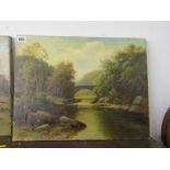 THOMAS SPINKS, signed oil on canvas indistinctly dated, "Riverscape with Bridge", 14" x 18"