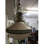 LIGHTING, glass domed brass fretwork mount light fitting