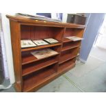 ANTIQUE OAK BOOKCASE, open fronted adjustable shelf oak pedestal base bookcase, 48" height 66" width