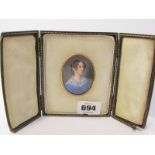 PORTRAIT MINIATURE, leather cased oval portrait on ivory "Young Lady with blue dress and white