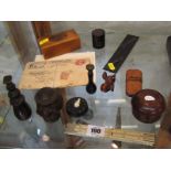 MAUCHLINE BOX, antique ivory folding rule, Tunbridge ware ink well, whist counter and oddments