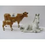 BESWICK CATTLE, Guernsey Cow first version (horn damage) and calf, together with Russian porcelain