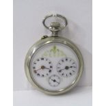DUAL TIME POCKET WATCH, in white metal case, appears to be in good working condition, crown set