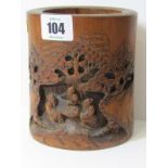 ORIENTAL CARVING, relief carved bamboo brush pot depicting games players, 4.75" height