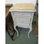 MARBLE TOP BEDSIDE CABINET, Continental design painted drawer and cupboard base on French cabriole