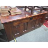ANTIQUE OAK COFFER, with 4 panelled front & writing top, 44"