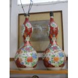 ORIENTAL CERAMICS, pair of Japanese double gourd 19.5" vases adapted to lamp bases, 6 character base