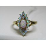 9ct YELLOW GOLD OPAL CLUSTER RING, marquise shape cluster, principal oval cut cabochon surrounded by