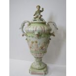 CONTINENTAL PORCELAIN, twin handled square base urn lidded vase, decorated with relief putti,