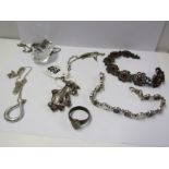 SILVER & WHITE METAL ITEMS, including large Crystal pendant, Mother of Pearl & Oplite bracelet,