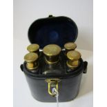 ANTIQUE PERFUME FLASK, black Morocco cased 5 bottle flask holder, 5" height