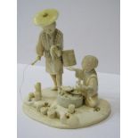 ANTIQUE IVORY CARVING, signed base Fisherman with Apprentice, 4.5" height