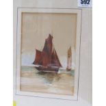 NEWLYN SCHOOL, Watercolour of a fishing boat in full sail, 6.5" x 5"