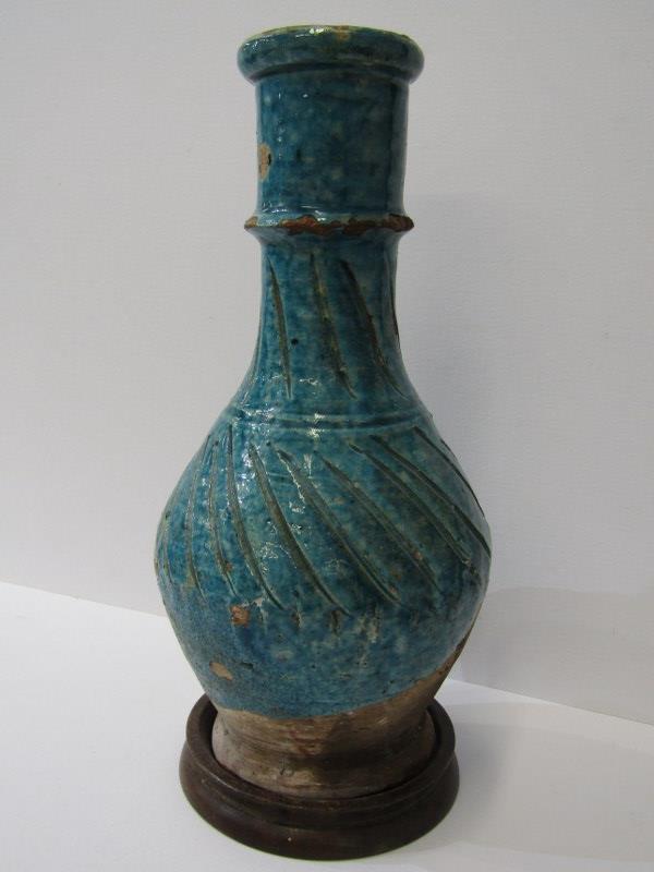 ORIENTAL CERAMICS, early turquoise glazed pottery baluster 11" vase with incised spiral decoration - Image 2 of 2