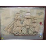 MARITIME, 19th Century Nautical Woolwork "Portrait picture of Triple Masted Frigate", 10" x 25"