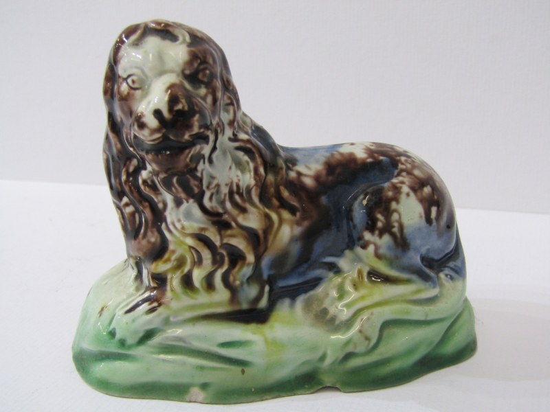 WHIELDON-TYPE LIONS, pair of slip glazed pottery resting lions, 3.5" width - Image 3 of 8