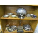 SILVERPLATE, tambour topped breakfast tureen, 2 coin inset ashtrays, silverplate serving spoon and