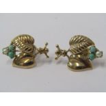 PAIR OF 9CT YELLOW GOLD TURQUOISE & PEARL EARRINGS, in the form of grape leafs & grapes