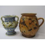 MAJOLICA, twin handled pedestal 6" vase decorated with animal bands, together with slip glazed