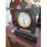 BLACK MARBLE MANTLE CLOCK, architectural design with inlaid coloured marble, 12" height