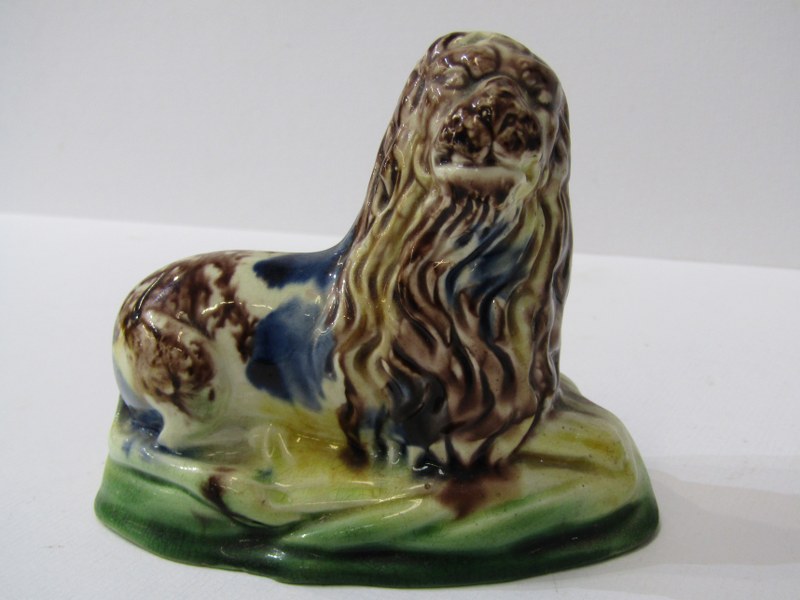 WHIELDON-TYPE LIONS, pair of slip glazed pottery resting lions, 3.5" width - Image 6 of 8