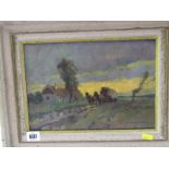 CONTINENTAL SCHOOL, indistinctly signed oil on board, "Horses Pulling Covered Wagon on a Track at