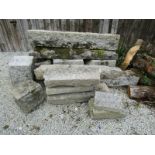 GRANITE, 5 gate posts, 2 plinths, 3 steps, 4 coping stones, also vintage stonework trough 25" x