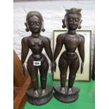 ETHNIC CARVING, pair of carved hardwood standing figures, possibly Burmese, 18.5" height